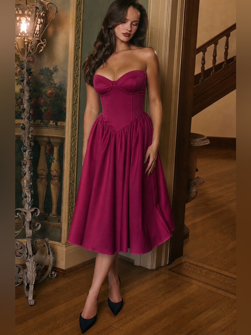 House of CB COCO Burgundy Satin Tulle Midi Dress